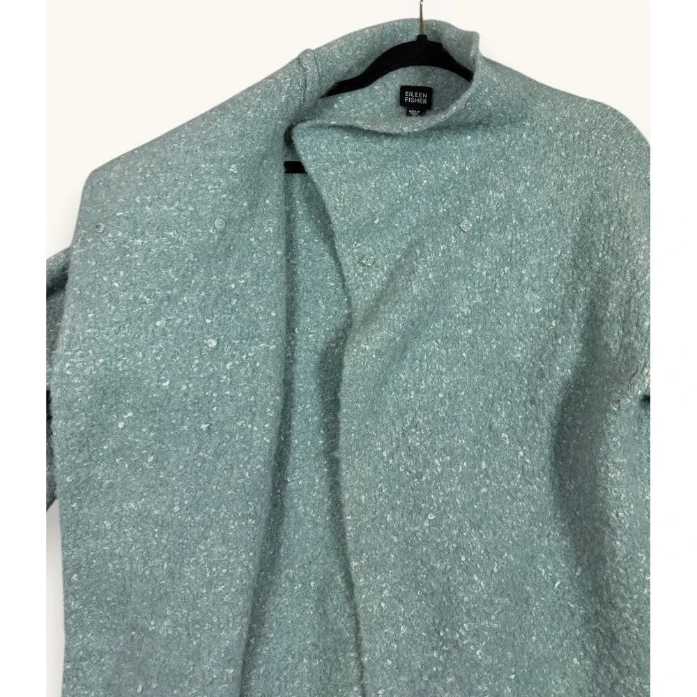 Eileen Fisher Boucle Sweater Jacket Womens M Blue Alpaca Wool Silk Comfy Fuzzy